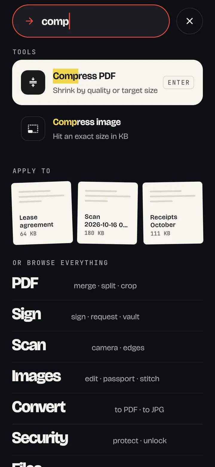 The Command screen with search results for compress