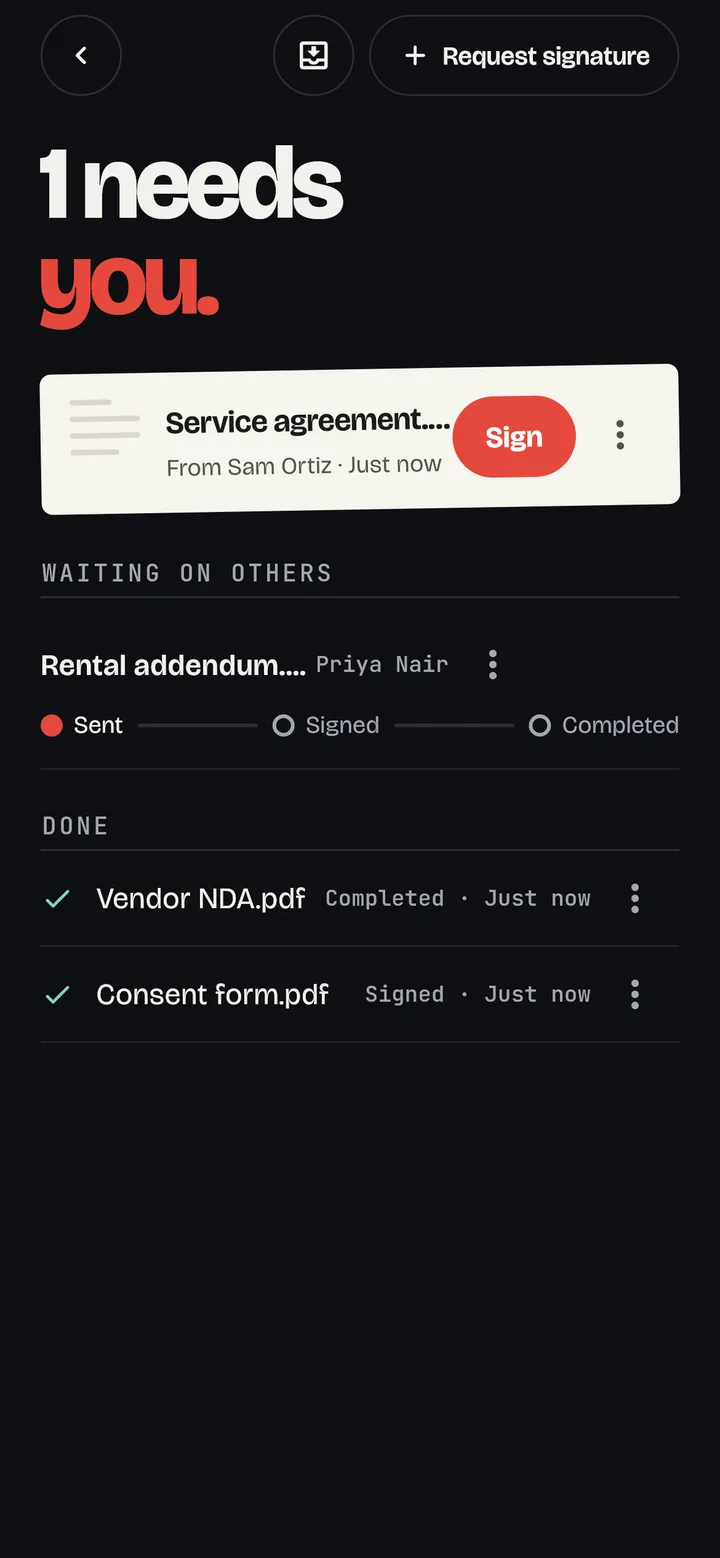 The Inbox showing a document waiting for your signature
